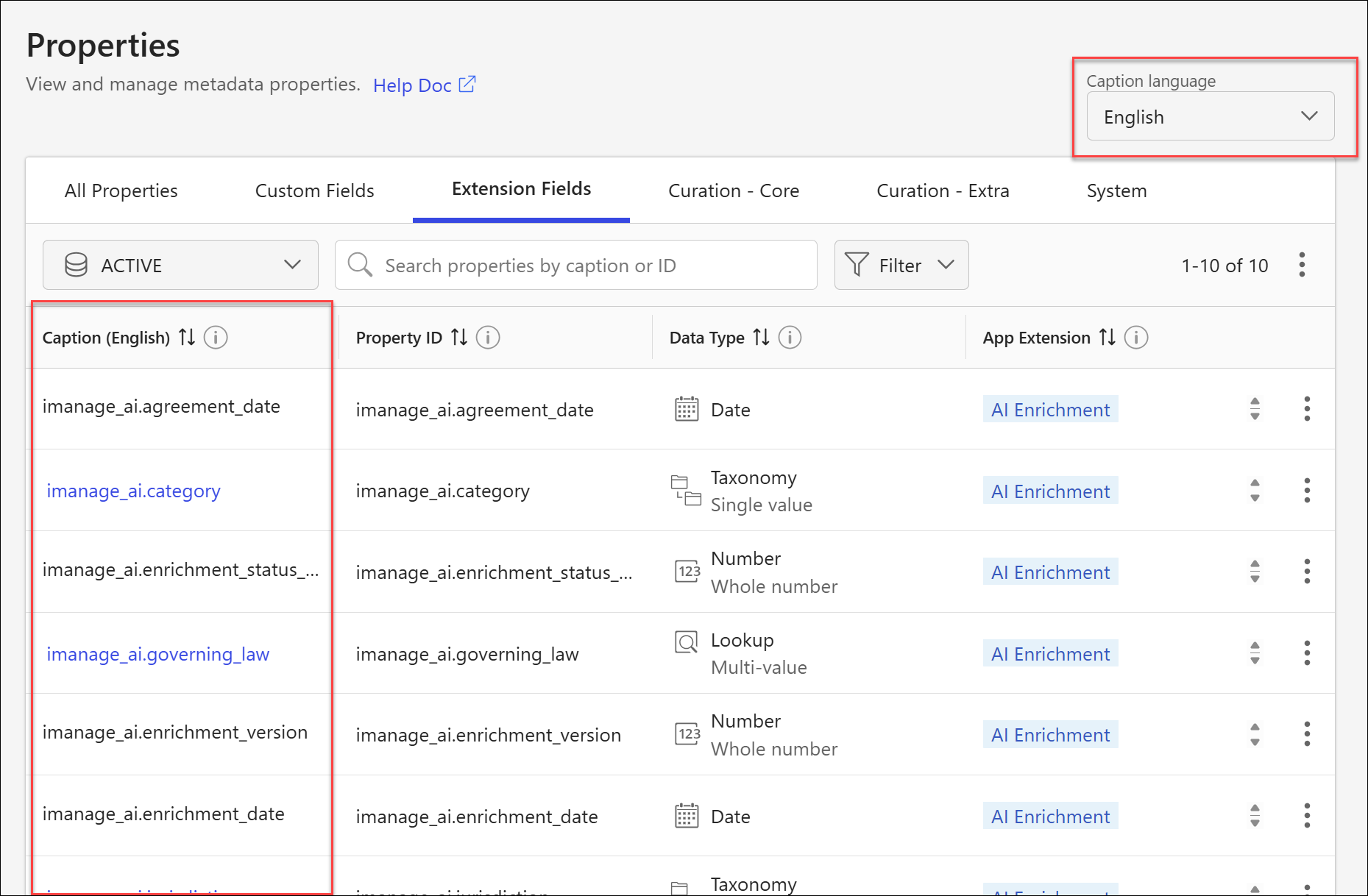 Viewing the captions for properties