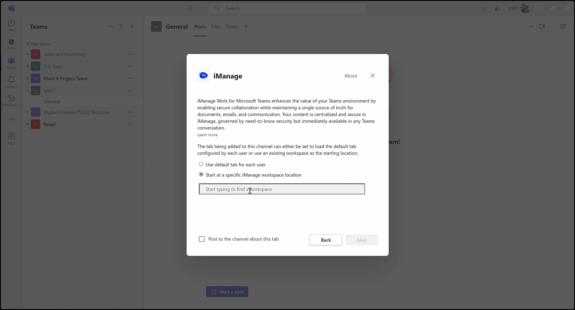 Figure- Selecting a tab or existing workspace from iManage Work.gif