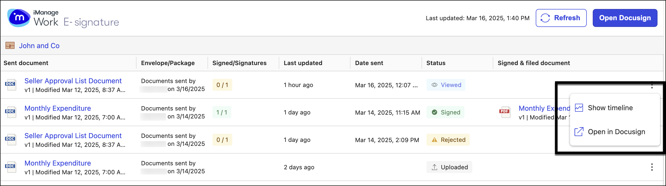 A screenshot of the Envelope view - Open Docusign option