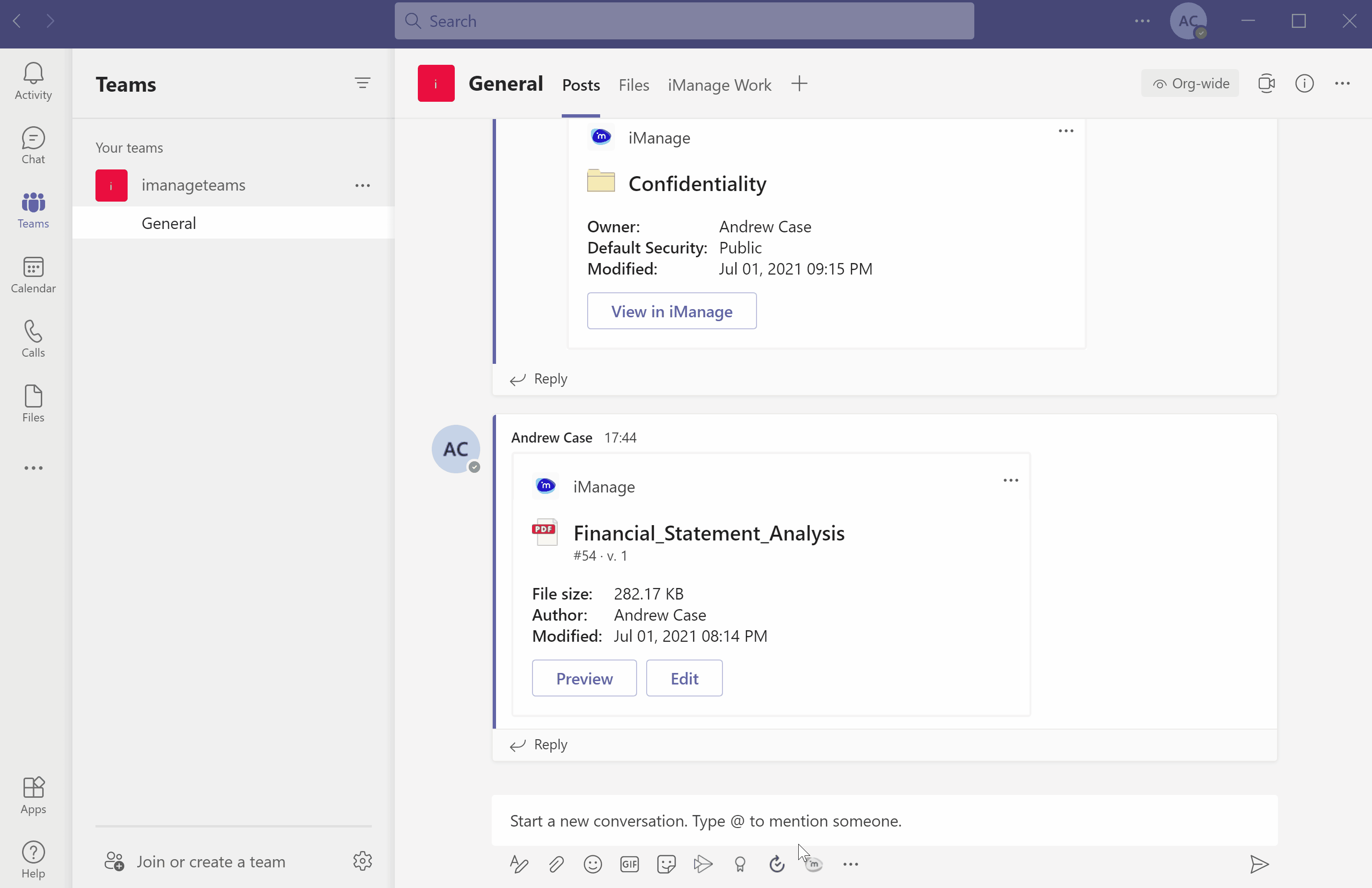 Searching in a messaging extension window - iManage Work